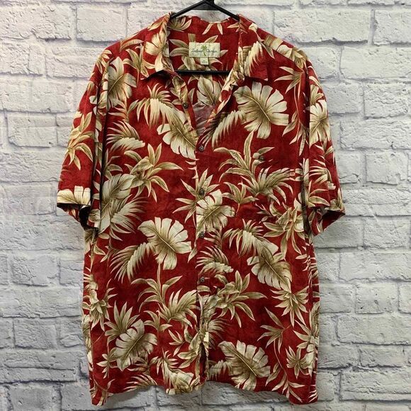 Island Shores Other - Island Shores Red Hawaiian Leaf Print Casual Button Down Shirt Size XL
